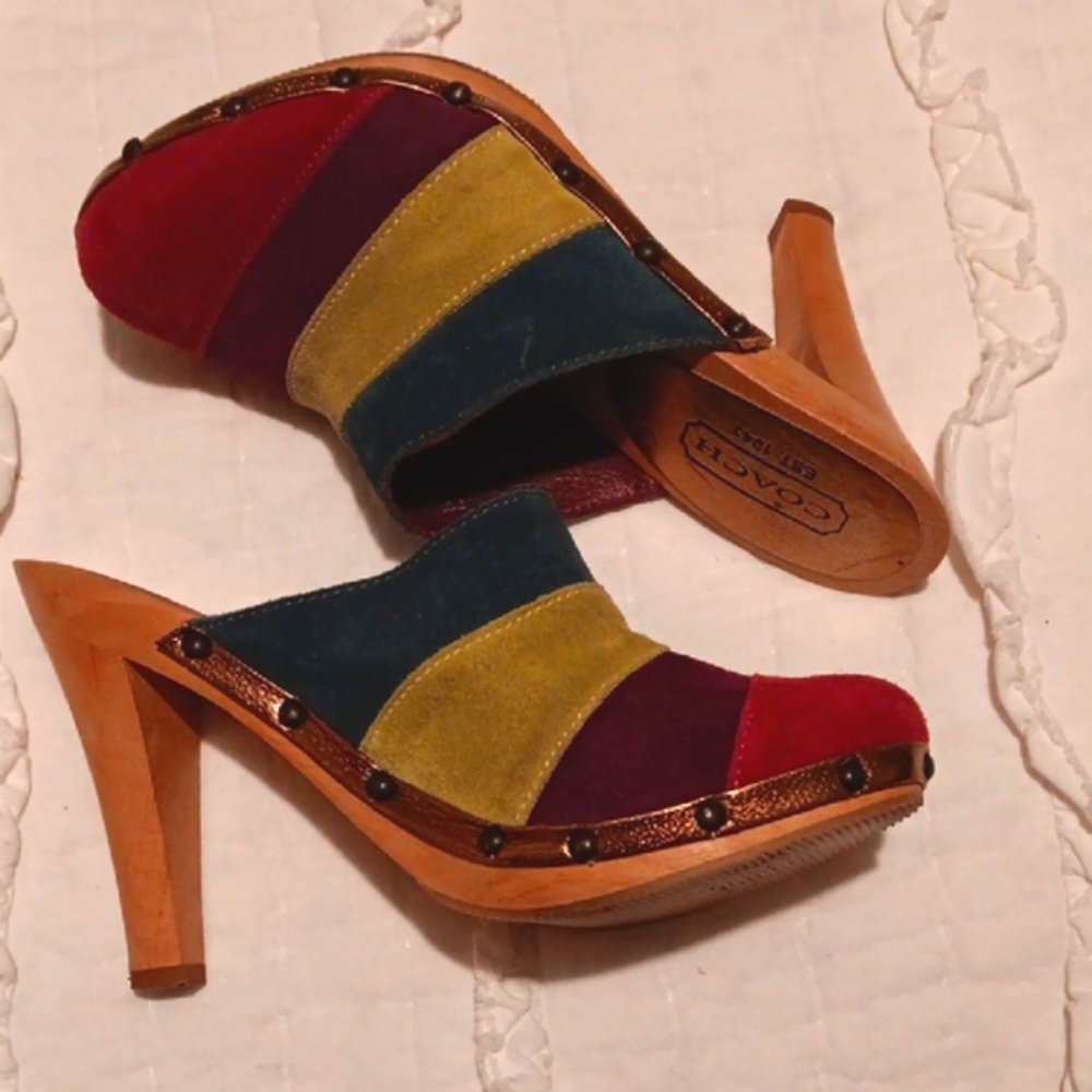 Coach Red and Green Mules with Cork Sole - Picture 3 of 3